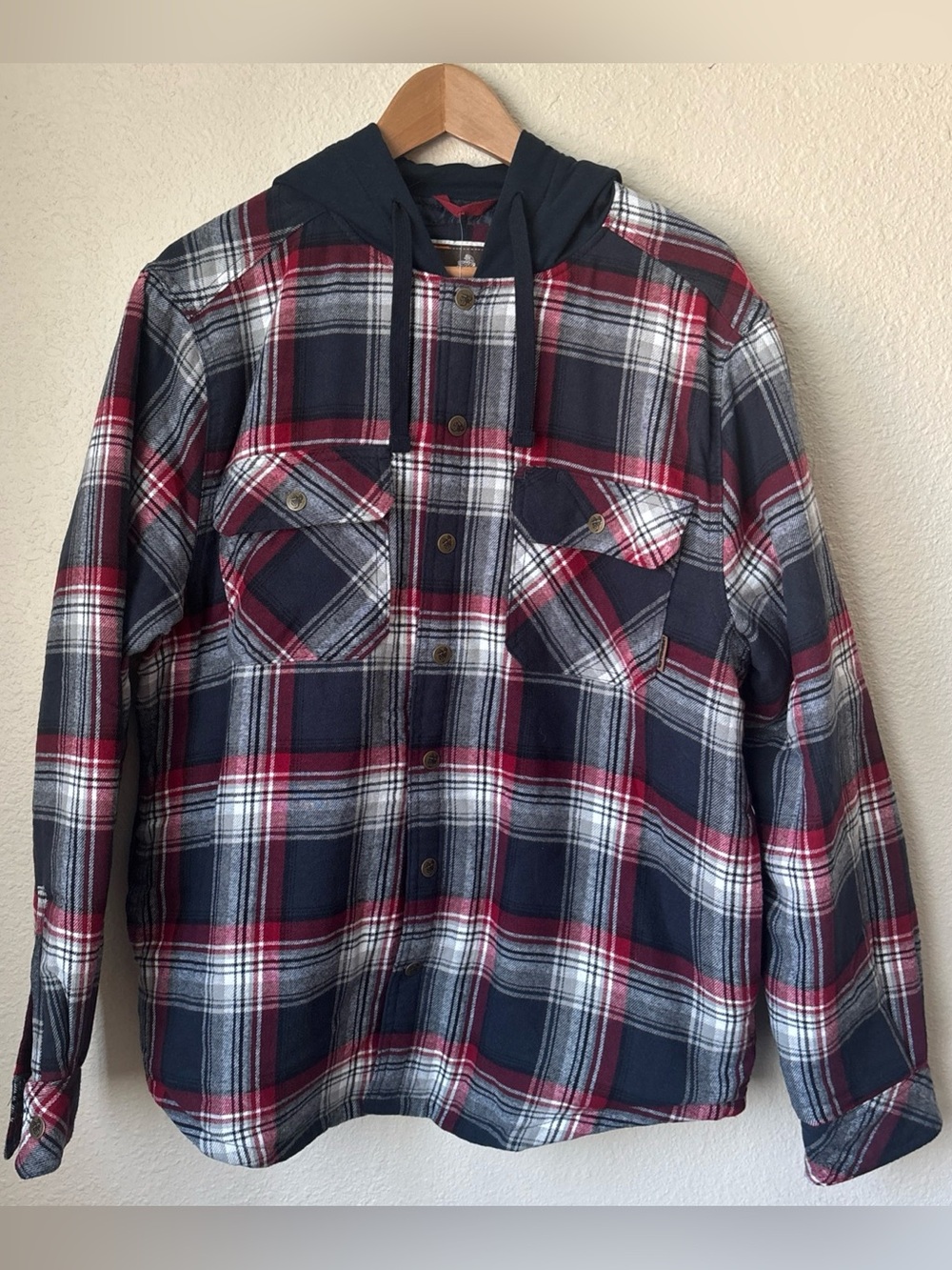 Legendary Outfitters Mens Hooded Flannel Jacket Quilted Lined Red Plaid, NWT